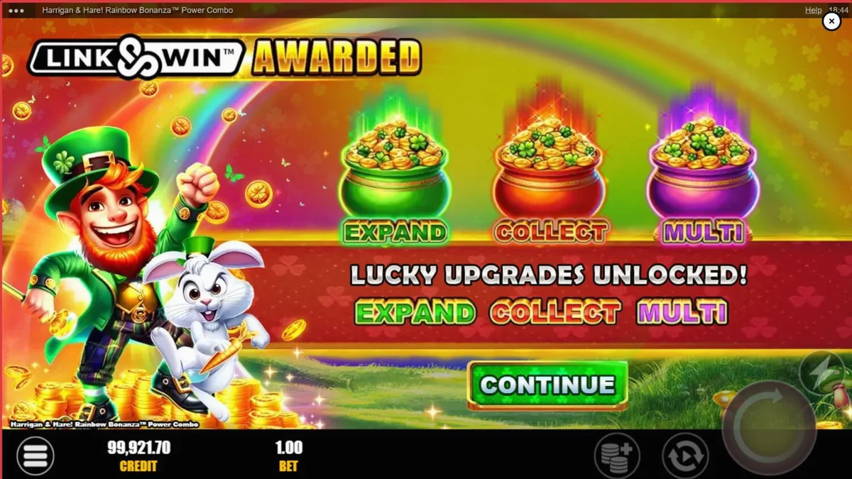Giao diện trò chơi Harrigan & Hare Rainbow Bonanza Power Combo với bối cảnh đồi cỏ Ireland