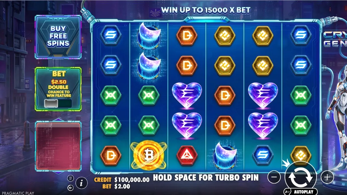 Giao diện trò chơi slot Crypto Genesys với phong cách cyberpunk neon
