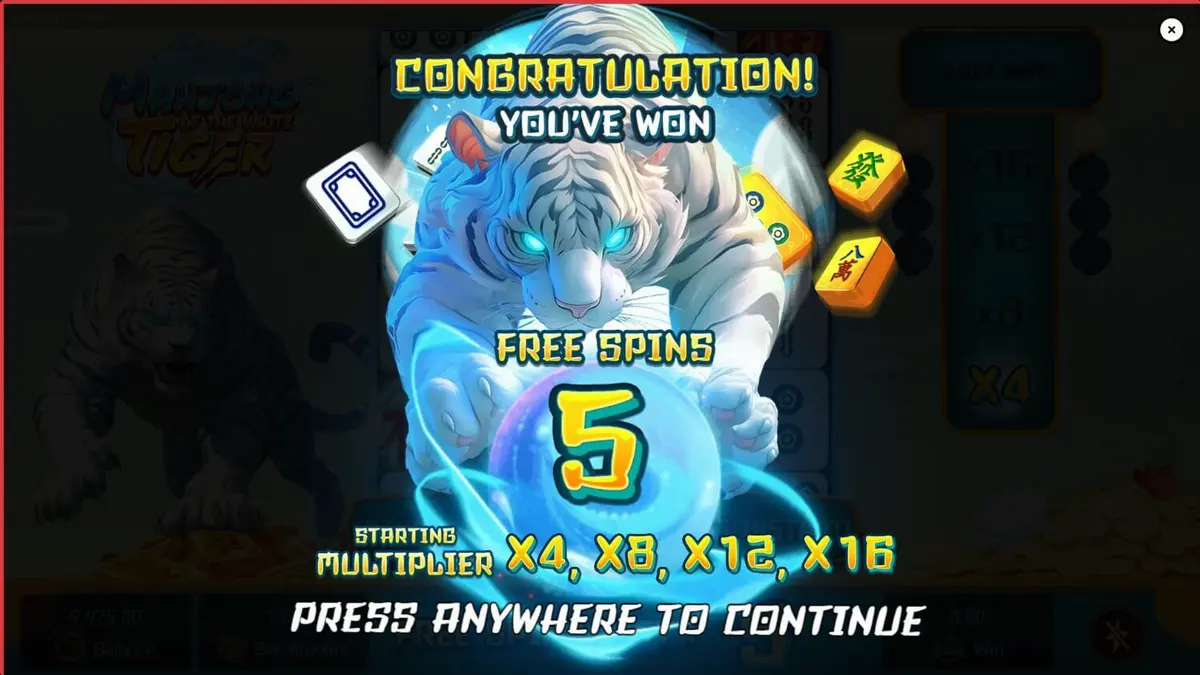 Mahjong of the White Tiger slot theme featuring a glowing white tiger and mahjong tiles