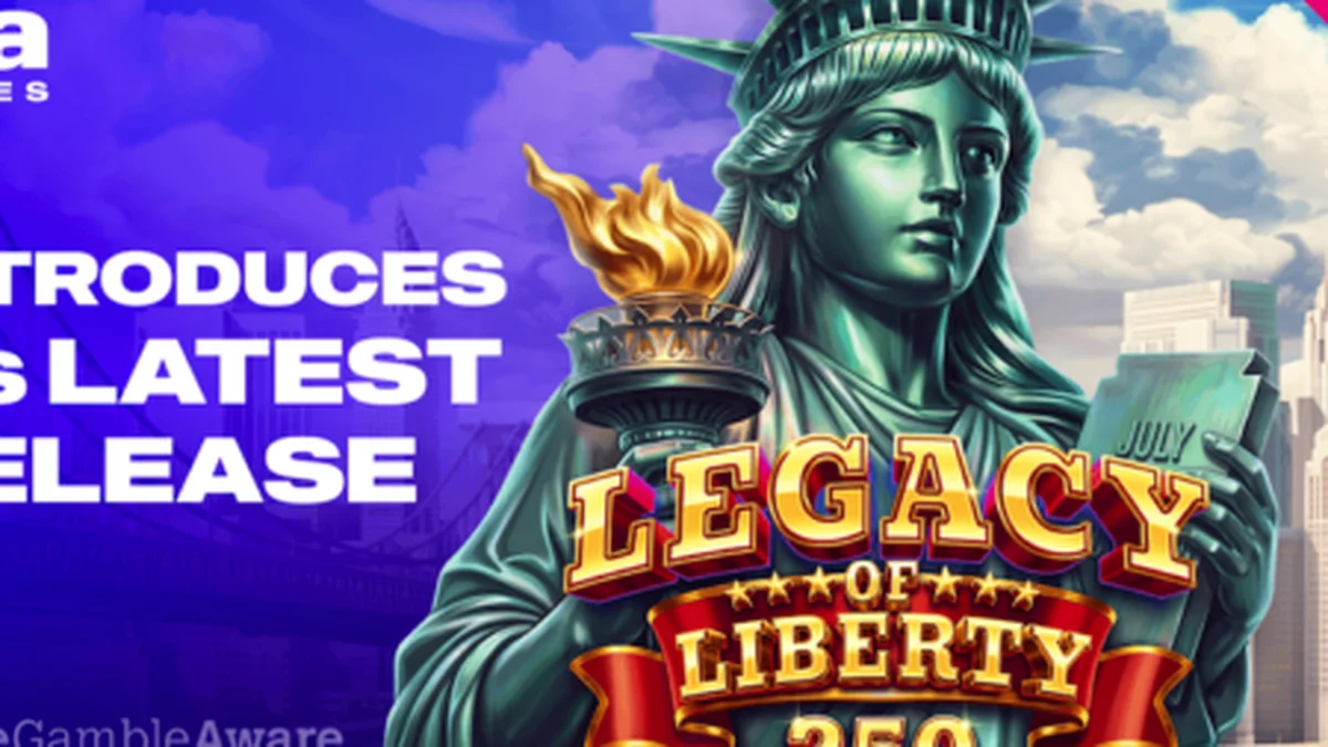 Giao diện trò chơi Legacy of Liberty với biểu tượng Lady Liberty và các cuộn quay mang phong cách lịch sử Hoa Kỳ.